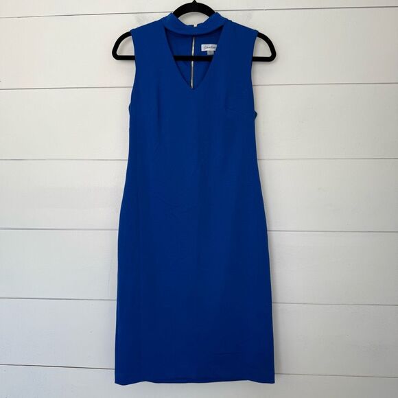 Calvin Klein Women’s 8 Royal Blue Vneck Choker Dress Career - Picture 1 of 5